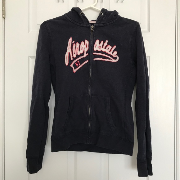 Y2K Aeropostale Zip Up Hoodie Sweater M Dark Navy Blue Pink White - Picture 1 of 4